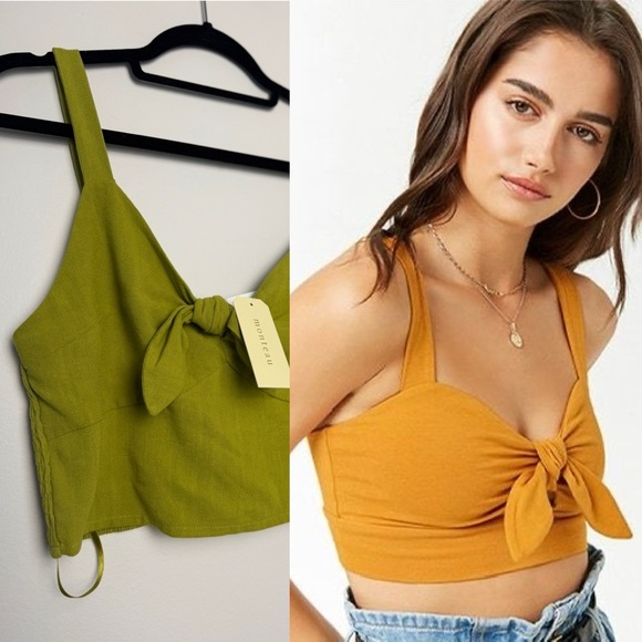 Monteau Tops - Women Cute Bow Tie Camisole Green Lime Sexy VNeck Tank Tops Rib-Knit Summer Crop